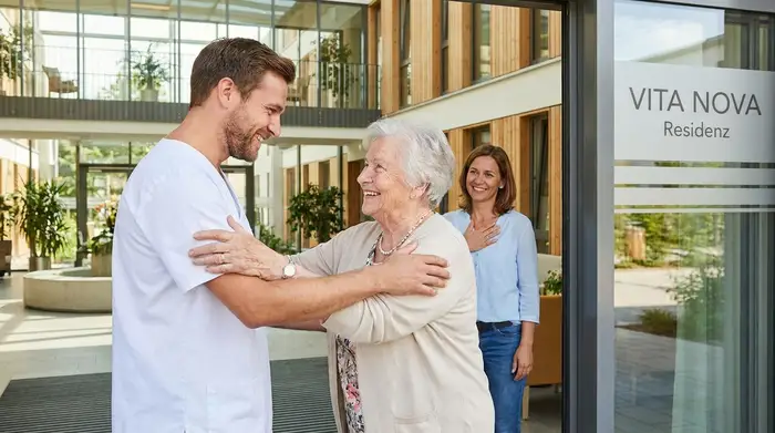 Ein freundlicher Pfleger begrüßt eine Seniorin herzlich an der Eingangstür einer modernen Einrichtung, während die Tochter im Hintergrund beruhigt lächelt.