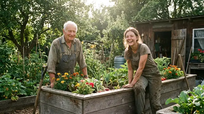 Ein rüstiger Senior arbeitet gemeinsam mit einer jungen, fröhlichen Alltagsbegleiterin im Garten an einem Hochbeet. Sonnenlicht, grüne Pflanzen, realistische Umgebung, keine Texte.