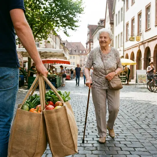 Eine helfende Hand trägt schwere Einkaufstaschen mit frischem Gemüse und Obst, während eine ältere Person entspannt daneben durch eine schöne Fußgängerzone spaziert.