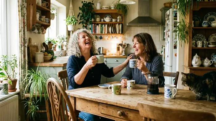 Zwei Frauen sitzen bei einer Tasse Kaffee am Esstisch und lachen herzlich miteinander. Die Atmosphäre ist vertraut, harmonisch und einladend.