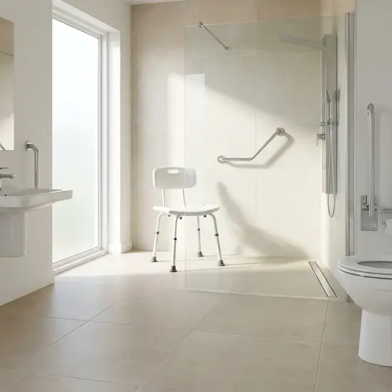Ein helles, barrierefreies Badezimmer mit rutschfesten Fliesen. In der geräumigen, bodengleichen Dusche steht ein moderner, weißer Duschstuhl mit stabilen Gummifüßen. An der hellen Wand ist ein eleganter, silberner Haltegriff sicher montiert. Sauberes, realistisches Design ohne Text.