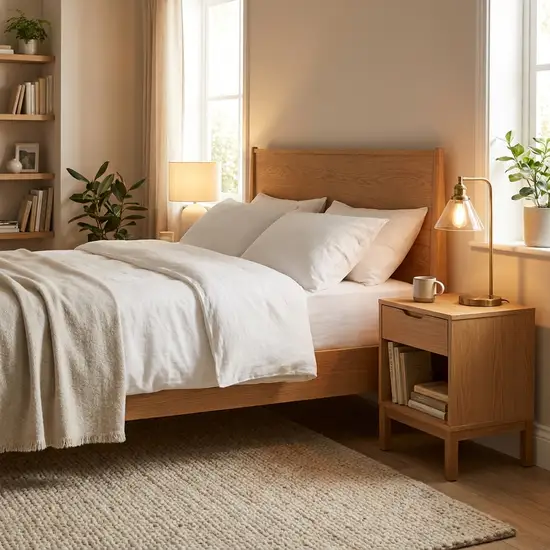 Ein gemütliches Schlafzimmer mit einem modernen, holzverkleideten Pflegebett, das sich harmonisch in die Einrichtung einfügt. Das Bett ist ordentlich mit weißen Laken gemacht, ein kleines Nachtkästchen mit einer Leselampe steht daneben. Warme, einladende Atmosphäre.