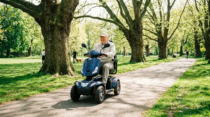 Ein rüstiger Senior fährt an einem sonnigen Tag durch einen grünen Park sicher auf einem modernen, dunkelblauen Elektromobil-Scooter. Im Hintergrund sind große Bäume und ein gepflasterter Weg zu sehen. Realistische, lebensbejahende Szene ohne Text.
