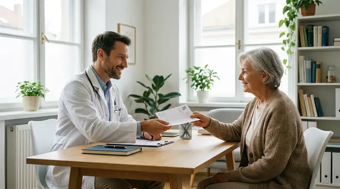 Ein freundlicher, professioneller Arzt in einem weißen Kittel sitzt an einem aufgeräumten Schreibtisch in einer hellen Praxis und reicht einer lächelnden älteren Patientin ein Rezeptdokument. Vertrauensvolle, ruhige Atmosphäre, realistischer Fotostil.