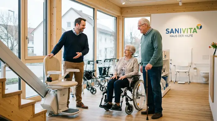 Ein einfühlsamer Berater in einem modernen Sanitätshaus zeigt einem älteren Ehepaar einen bequemen Treppenlift-Sitz. Der Raum ist hell und freundlich, mit verschiedenen diskret platzierten Hilfsmitteln im Hintergrund. Der Berater lächelt und gestikuliert erklärend.