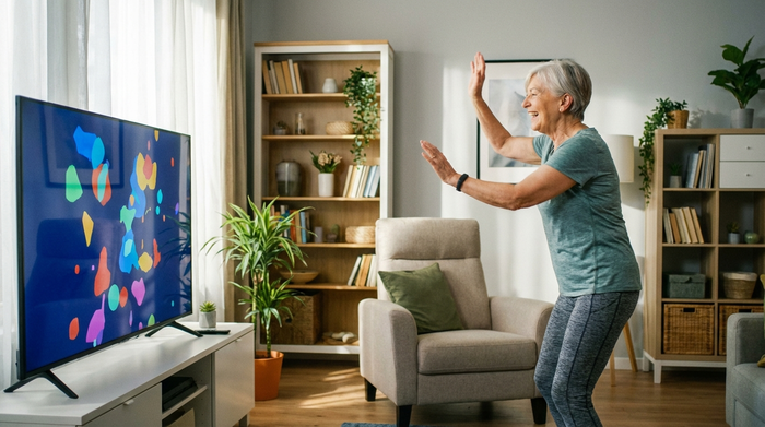 Eine rüstige Seniorin bewegt glücklich ihre Arme vor einem großen Fernseher in einem aufgeräumten Wohnzimmer. Sie spielt ein virtuelles Spiel, ohne einen Controller zu halten. Ein bequemer Sessel steht sicherheitshalber direkt hinter ihr.