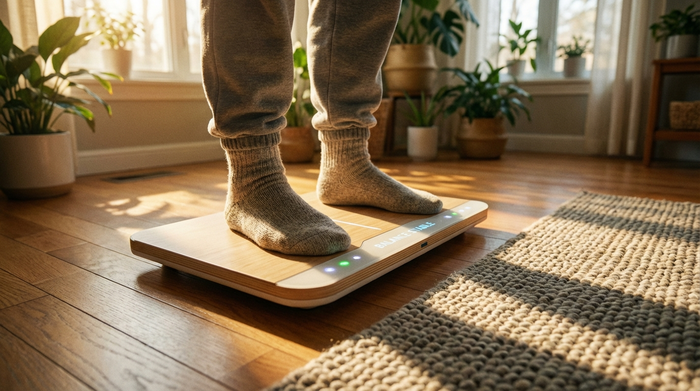 Nahaufnahme der Füße eines älteren Menschen, der stabil auf einem modernen, flachen Sensor-Balance-Board in einem sonnendurchfluteten Raum steht. Neben dem Board liegt ein weicher, rutschfester Teppich.