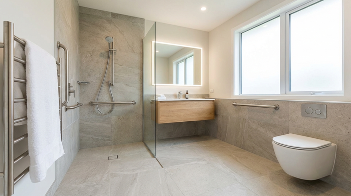 Ein modern renoviertes, helles und barrierefreies Badezimmer mit einer ebenerdigen Dusche, eleganten Haltegriffen und rutschfesten Bodenfliesen. Ein flauschiges weißes Handtuch hängt ordentlich an der Wand.