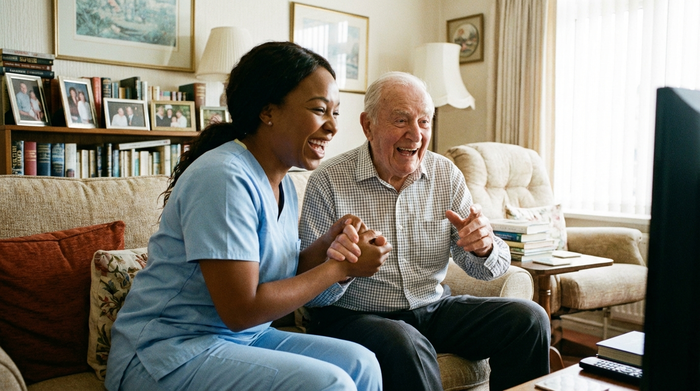 Eine einfühlsame Pflegekraft in heller Dienstkleidung lacht gemeinsam mit einem älteren Patienten in dessen Wohnzimmer. Beide schauen gespannt auf einen Bereich außerhalb des Bildrandes und freuen sich über den gemeinsamen Erfolg.