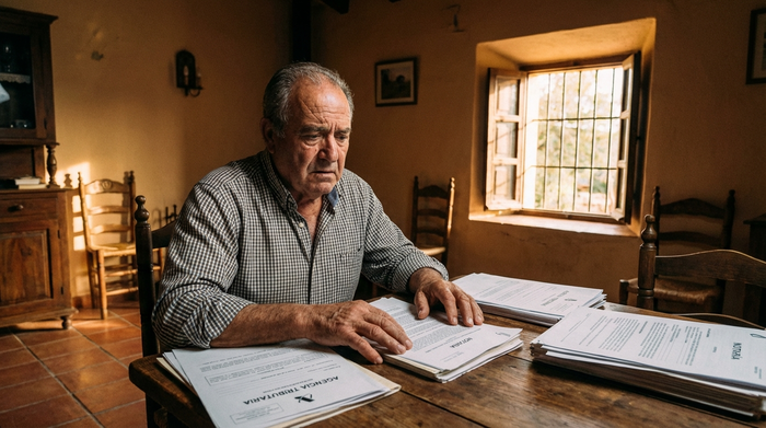 Ein besorgter älterer Mann sitzt an einem rustikalen Holztisch und betrachtet nachdenklich offizielle Dokumente. Ein sanftes Licht fällt durch das Fenster einer spanischen Finca. Realistische, emotionale Szene ohne Text.