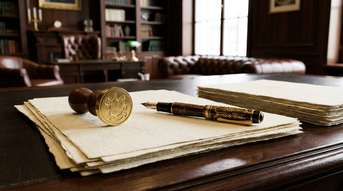 Ein eleganter Schreibtisch aus dunklem Holz mit einem goldenen Notarsiegel, einem edlen Füllfederhalter und gestapelten, dicken Papierbögen. Im Hintergrund unscharfe Umrisse eines klassischen Büros. Professionelle, hochwertige Atmosphäre ohne lesbaren Text.