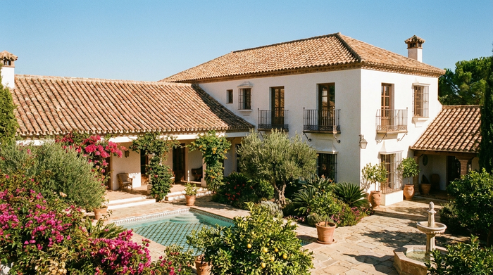 Eine wunderschöne, traditionelle spanische Villa mit Terrakotta-Dach, umgeben von gepflegten Gärten und einem kleinen Pool unter strahlend blauem Himmel. Realistische Architekturfotografie, hell und freundlich.