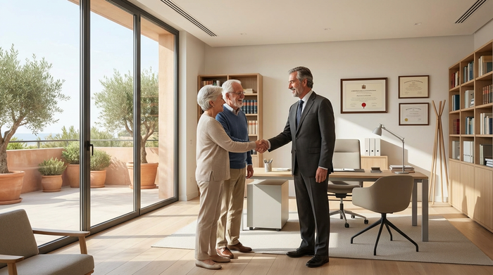 Ein freundlicher, seriöser spanischer Notar in einem hellen, modernen Büro reicht einem älteren Ehepaar lächelnd die Hand. Ein lichtdurchfluteter Raum mit mediterranem Flair, professionell und vertrauenserweckend.