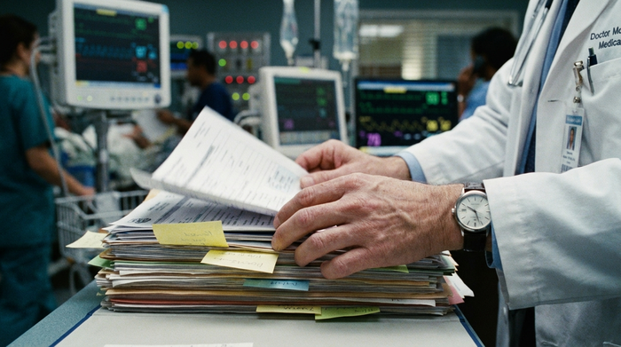 Ein detaillierter Blick auf die Hände eines Arztes im weißen Kittel, der hastig in einem dicken, unübersichtlichen Aktenordner blättert, während im unscharfen Hintergrund medizinische Geräte leuchten. Stressige und dynamische Krankenhausatmosphäre.