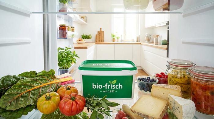 Eine geöffnete Kühlschranktür in einer modernen Küche, in der gut sichtbar eine markante grün-weiße Plastikdose neben frischen Lebensmitteln steht. Helle, saubere und alltägliche Umgebung.