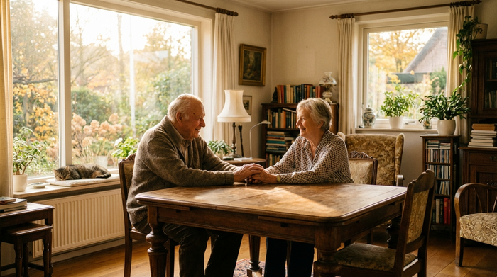 Ein älteres Ehepaar sitzt vertraut an einem eleganten Holztisch an einem großen Fenster, hält sich an den Händen und lächelt beruhigt. Warmer Sonneneinfall und eine friedliche, harmonische Stimmung im Wohnzimmer.