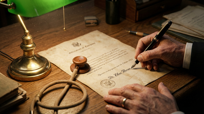 Eine Nahaufnahme von einer ruhigen Hand, die mit einem edlen Füllfederhalter ein wichtiges Dokument unterschreibt. Daneben liegt ein klassisches Stethoskop auf einem aufgeräumten Holzschreibtisch im warmen Licht einer Schreibtischlampe.