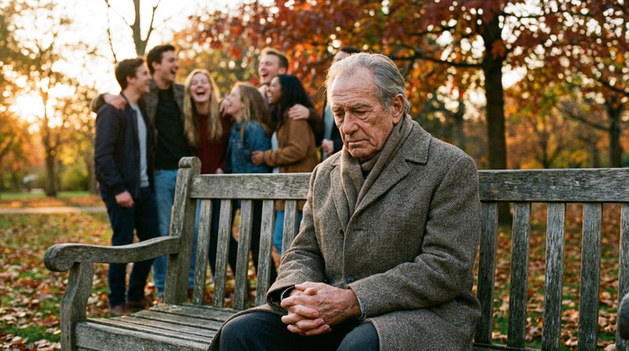 Ein älterer Herr sitzt nachdenklich auf einer Parkbank, leicht isoliert von einer lachenden Gruppe im Hintergrund. Stimmungsvolles Herbstlicht, realistische Szene.