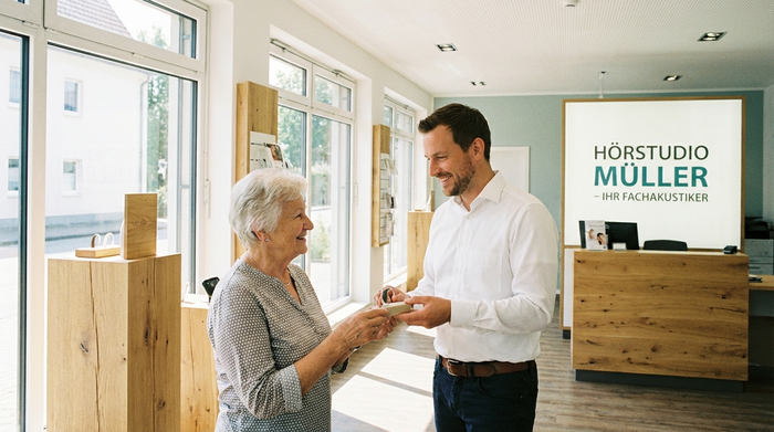 Ein freundlicher Hörakustiker im weißen Hemd berät eine ältere Dame in einem modernen, hellen Fachgeschäft. Vertrauensvolle Atmosphäre, professionelles Umfeld.