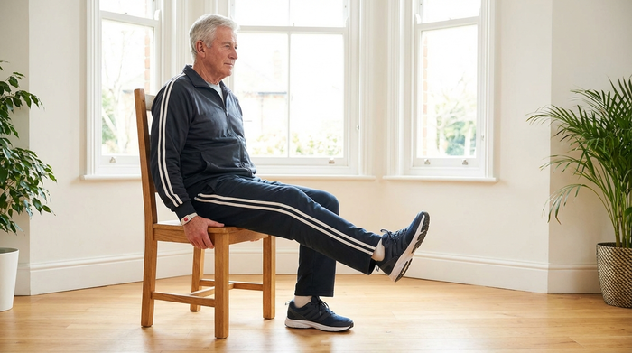 Ein älterer, fitter Herr mit grauem Haar in bequemer Sportkleidung sitzt auf einem massiven, stabilen Holzstuhl in einem hellen Raum und hebt sanft ein Bein zur Kräftigung. Er trägt rutschfeste Sportschuhe und ein Notruf-Armband am Handgelenk.