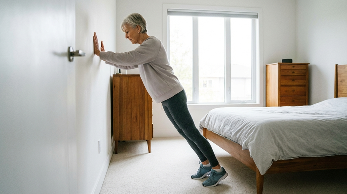 Eine rüstige Rentnerin macht im Stehen leichte Wandliegestütze an einer weißen Wand in ihrem aufgeräumten Schlafzimmer. Sie trägt bequeme Freizeitkleidung, konzentriert sich auf die Übung und steht sicher auf rutschfesten Schuhen.