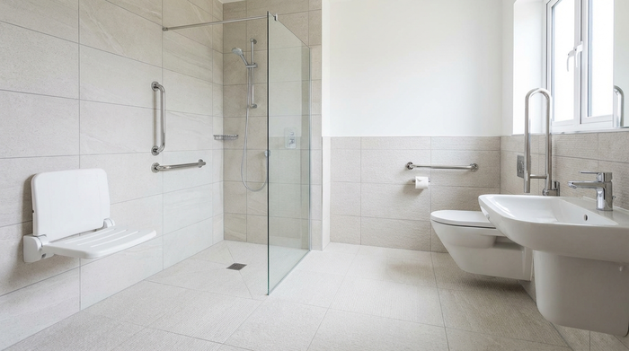 Ein modern eingerichtetes, barrierefreies Badezimmer mit einer bodengleichen Dusche, stabilen verchromten Haltegriffen an den Wänden und einem komfortablen, weißen Duschsitz. Helle, rutschfeste Fliesen sorgen für ein sauberes und sicheres Ambiente.