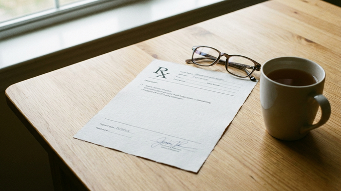 Ein gepflegtes ärztliches Rezeptformular liegt auf einem hellen Holztisch neben einer Lesebrille und einer Tasse Tee. Fokus auf das Dokument, keine lesbaren Texte, aufgeräumte Szene.