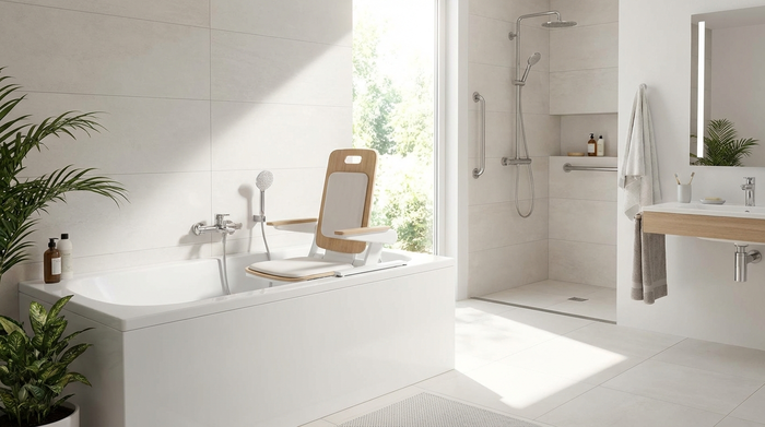 Ein modernes, helles und barrierefreies Badezimmer mit einer weißen Badewanne. In der Wanne befindet sich ein sauberer, ergonomischer Badewannenlift. Tageslicht fällt durch das Fenster.