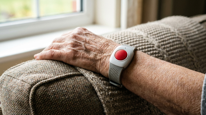 Nahaufnahme des Handgelenks einer älteren Dame, die ein modernes, wasserfestes Hausnotruf-Armband mit einem markanten Knopf trägt. Sie sitzt gemütlich auf einem Sofa.