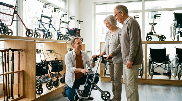 Ein freundlicher Berater in einem Sanitätshaus zeigt einem älteren Ehepaar verschiedene Gehhilfen. Helles Geschäft, professionelle Beratungssituation, realistische Darstellung ohne Text.