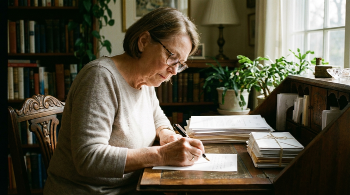 Eine ältere Frau sitzt am Schreibtisch und schreibt konzentriert einen Brief. Neben ihr liegen ordentlich sortierte Dokumente und Briefumschläge. Ruhige, entschlossene Atmosphäre.