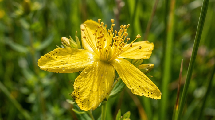 Makroaufnahme einer leuchtend gelben Johanniskraut-Blüte in der freien Natur, unscharfer grüner Hintergrund, sonniges Wetter, detaillierte Blütenblätter, realistische Naturfotografie ohne Text.