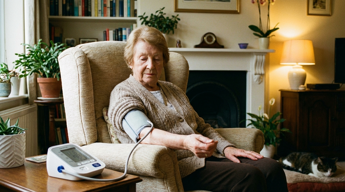Eine ältere Frau sitzt im bequemen Sessel und misst aufmerksam ihren Blutdruck mit einem modernen Oberarm-Blutdruckmessgerät. Gemütliches Wohnzimmer, ruhige Atmosphäre, realistische Szene ohne Schriftzüge.