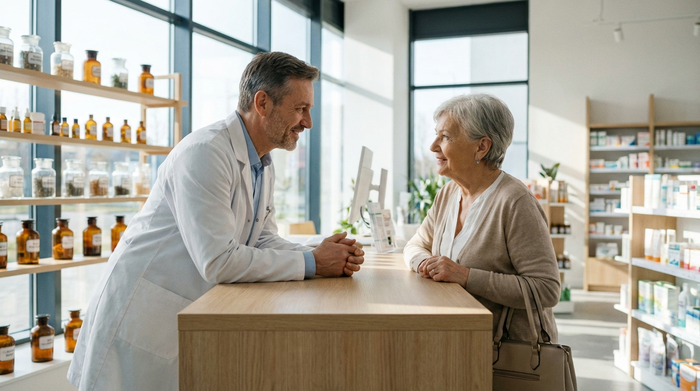 Ein fürsorglicher Apotheker in weißem Kittel berät eine ältere Dame freundlich am Tresen einer hellen, modernen Apotheke. Im Hintergrund unscharfe Regale mit Tiegeln, authentische Interaktion.