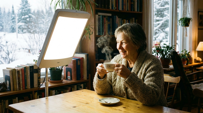 Eine ältere Frau sitzt entspannt vor einer hell leuchtenden Tageslichtlampe an einem Holztisch, trinkt eine Tasse Tee und lächelt zufrieden. Helles, freundliches Zimmer, winterliche Stimmung.
