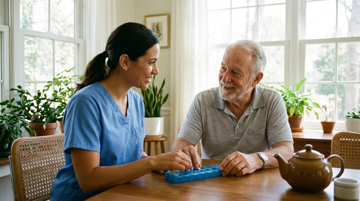 Eine einfühlsame Pflegekraft in blauer Berufskleidung sortiert gemeinsam mit einem lächelnden Senior Tabletten in eine blaue Medikamentenbox. Helles Esszimmer, vertrauensvolle und ruhige Atmosphäre.