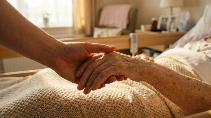 Nahaufnahme einer pflegenden Hand, die sanft die Hand eines älteren Menschen hält. Im Hintergrund ein unscharfes, gemütliches Pflegebett. Ruhige und würdevolle Atmosphäre, warmes Licht.