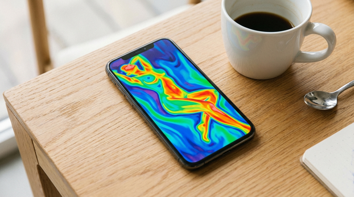 Ein modernes Smartphone liegt auf einem hellen Holztisch neben einer weißen Kaffeetasse. Auf dem Display ist eine abstrakte, farbenfrohe Wärmebild-Grafik eines liegenden Körpers zu sehen. Helles, klares Licht ohne lesbaren Text.