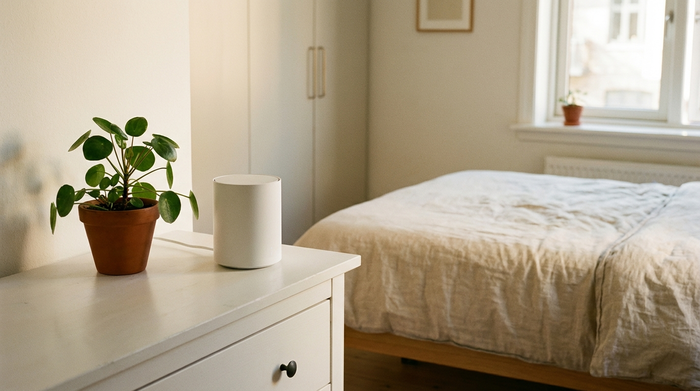 Ein unauffälliger, moderner WLAN-Router steht auf einer weißen Kommode neben einer kleinen, grünen Zimmerpflanze. Im Hintergrund ein aufgeräumtes, helles Schlafzimmer. Realistische Wohnatmosphäre.