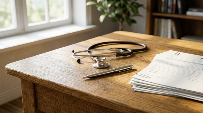 Ein aufgeräumter Holztisch mit einem Stethoskop, einem silbernen Kugelschreiber und ordentlich gestapelten medizinischen Dokumenten. Sanftes Tageslicht, professionelle und beruhigende Szene.