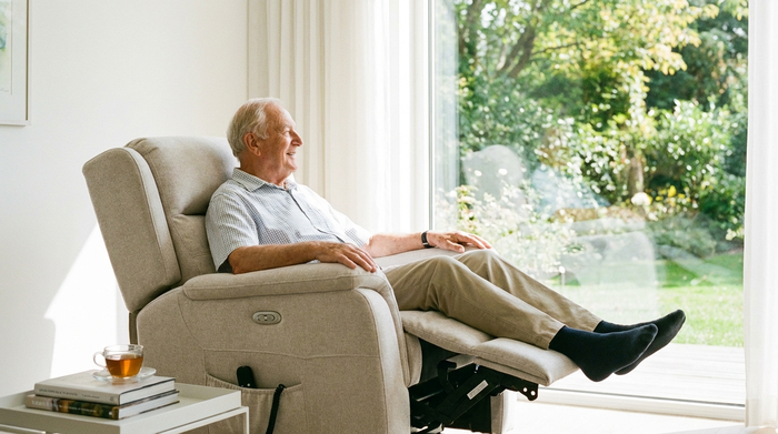 Eine ältere Person sitzt entspannt in einem komfortablen, modernen Pflegesessel am Fenster und schaut nach draußen ins Grüne. Helle, positive Stimmung, sauberes Zimmer.
