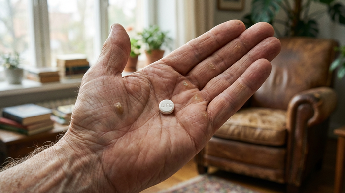 Eine Makroaufnahme von einer geöffneten Handfläche einer älteren Person, in der eine kleine weiße Tablette liegt. Sanftes, natürliches Licht, unscharfer Hintergrund eines gemütlichen Wohnraums.