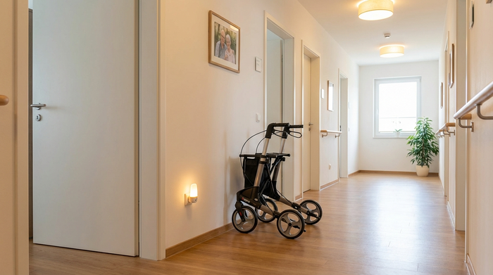 Ein gut beleuchteter Flur in einer Seniorenwohnung mit einem modernen Rollator an der Seite und einem kleinen Nachtlicht in der Steckdose. Sauber, aufgeräumt, keine Stolperfallen sichtbar.