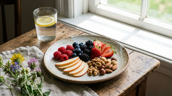 Ein ansprechend angerichteter Teller mit frischen Beeren, Apfelspalten und einer Handvoll Nüsse auf einem rustikalen Holztisch. Ein Glas Wasser steht daneben, helle Tageslichtatmosphäre.