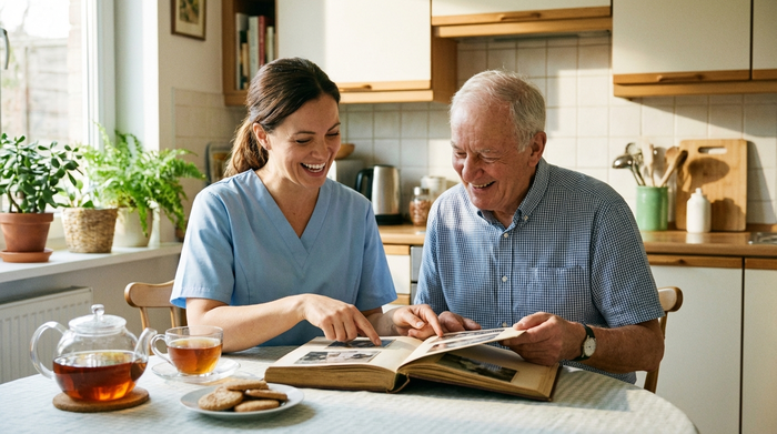 Eine freundliche Pflegekraft in hellblauer Berufskleidung sitzt zusammen mit einem lächelnden Senior am Küchentisch. Beide schauen sich ein Fotoalbum an, entspannte und vertrauensvolle Stimmung.