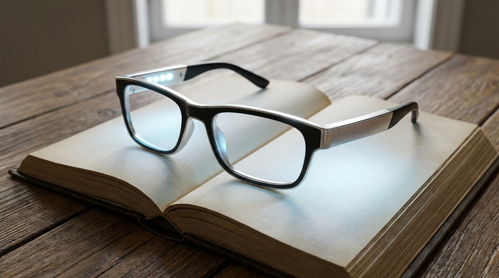 Nahaufnahme einer modernen, eleganten Lichttherapie-Brille, die auf einem aufgeschlagenen Buch auf einem Holztisch liegt. Die integrierten LEDs der Brille leuchten in einem sanften bläulich-weißen Ton. Klare Details, realistische Darstellung ohne Text.
