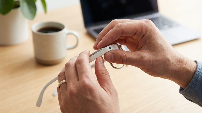 Zwei Hände halten eine Lichttherapie-Brille und prüfen aufmerksam die Verarbeitung des Rahmens. Im Hintergrund unscharf eine Kaffeetasse auf einem hellen Schreibtisch. Professionelle Fotografie, saubere Umgebung.