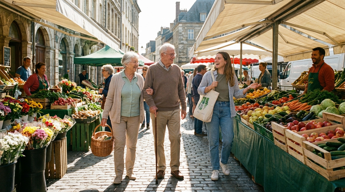 Ein älteres Ehepaar geht gemeinsam mit einer jungen Alltagsbegleiterin entspannt über einen sonnigen Wochenmarkt. Frisches Gemüse an den Ständen, fröhliche Gesichter, klares Tageslicht, realistische Szene ohne Text.