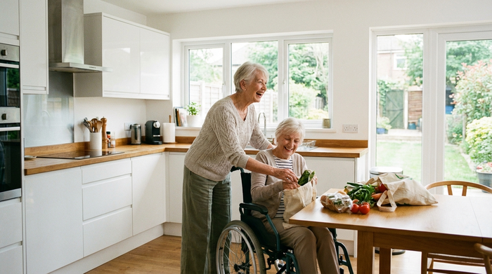 Eine rüstige Nachbarin hilft einer älteren Dame im Rollstuhl beim Einräumen von Einkäufen in eine moderne, helle Küche. Freundschaftliche und vertraute Stimmung, saubere Umgebung, fotorealistisch.