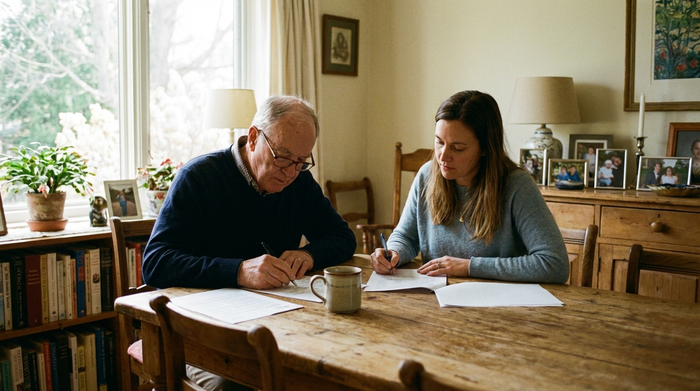 Ein älterer Mann sitzt mit seiner Tochter am Esstisch und füllt gemeinsam konzentriert Dokumente aus. Eine Tasse Kaffee steht auf dem Holztisch, gemütliches und helles Esszimmer, realistische Darstellung.